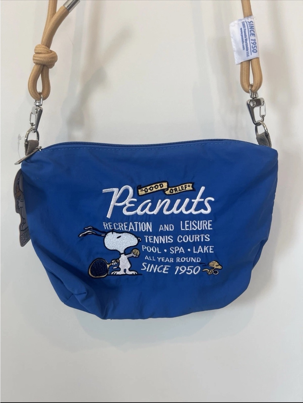 Peanuts Royal Blue Snoopy Tennis Crossbody Bag with Tan Strap
